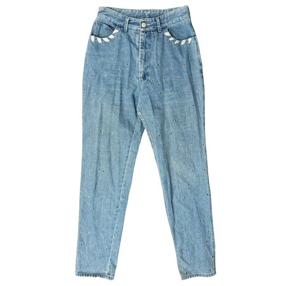 Vintage 90s Grommet Silver Ribbon Light Wash Blue High Rise Mom Jeans size 6 - Picture 1 of 9